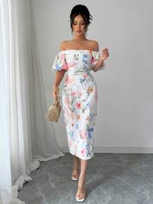 Selianne Women's Elegant Floral Allover Print Off Shoulder Summer Dress - Apricot - View 6