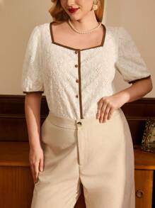 Vintamour 大码复古优雅女式 T 恤上衣针织提花方领休闲开衫女士度假装女士夏季装白色上衣夏季上衣女士西装女士生日装女士外出上衣女士夏季上衣女士白衬衫教堂服装女士夏季服装女士可爱上衣邮轮服装女士办公室服装女士衬衫女士白色服装女士纽扣衬衫女士工作服女士春季服装