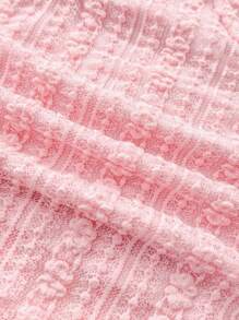 SHEIN 少女休闲家居服，蕾丝边针织弹力荷叶边下摆T恤套装/两件套，蝴蝶结，可爱甜美，少女风，适合约会、上学、日常休闲外出穿着 - 粉色 - 查看 6