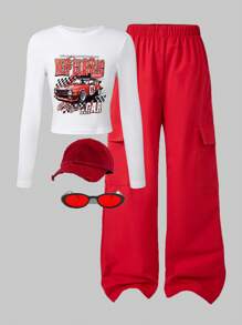 SHEIN Explorewe Tween Girl Chic Car Print White Top Paired With Red Cargo Pants - White - View 1