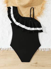 One-Piece Girl's Black & White Ruffled Swimsuit - Black - View 2