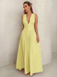 Glamine Vestido sin mangas con vuelo en el bajo, cuello en V con estampado floral, estilo bohemio, adecuado para la playa y el resort de verano - Amarillo claro - Ver 3