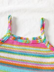 Set de 2 piezas de top corto de tirantes de punto con estampado de arcoíris y pantalones acampanados de cintura elástica para bebés niñas, adecuado para 6M-3T, para ir a la escuela, casual, calle, vacaciones, deportes, bebé niña, jersey, pantalones cortos - Multicolor - Ver 6