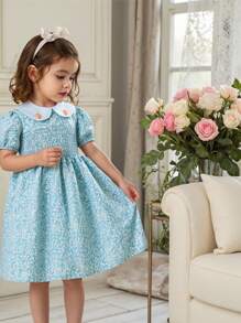 Souflis Souflis 女童可爱法式设计花卉刺绣圆领宽松甜美短袖连衣裙，适合夏季 - 藍色 - 查看 2