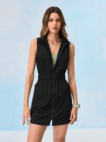 In My Nature 女式纯色前拉链无袖户外徒步连衣裙 - 黑色 - 查看 2