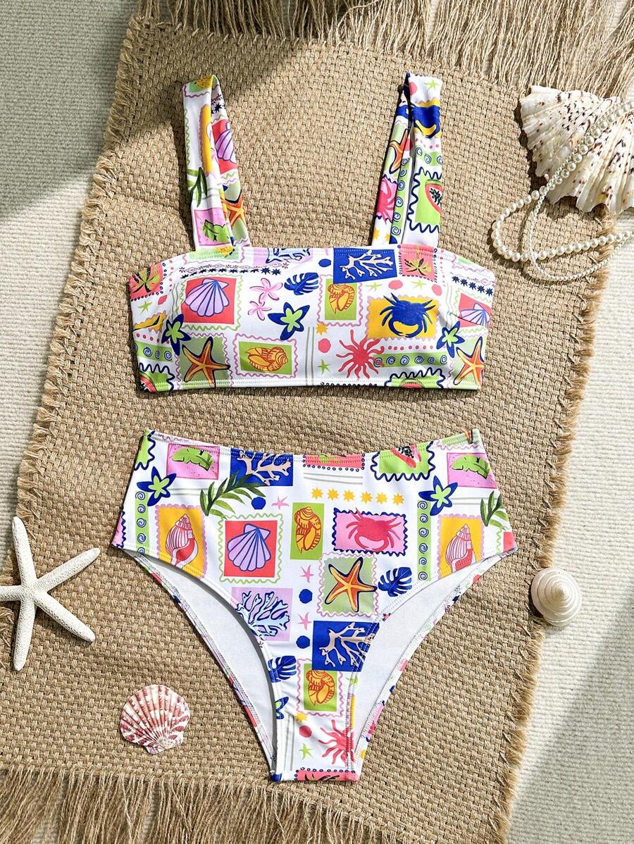 Swim Mod Conjunto de bañador de 2 piezas con cintura alta, ajustado y estampado floral aleatorio, vestimenta casual para playa y vacaciones de verano para mujer