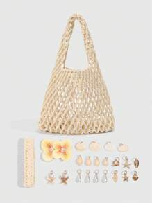 ROMWE Fairycore 1pc Fashionable Personalized Spring/Summer Beach Vacation Style Orange Ocean Woven Beach Bag, Large Size Women Handbag