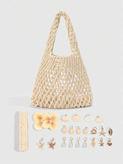 Fairycore 1pc Fashionable Personalized Spring/Summer Beach Vacation Style Orange Ocean Woven Beach Bag, Large Size Women Handbag