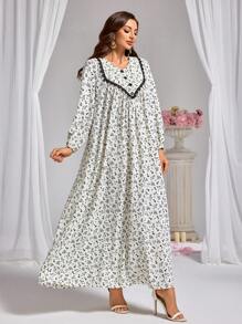 Lacomfia Váy hoa giản dị thanh lịch dành cho nữ - Màu be - Xem 4