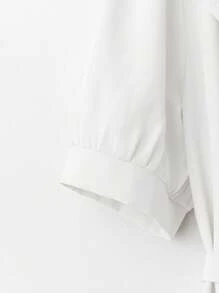 SHEIN Clasi 女士纯色翻领短袖褶皱优雅衬衫，夏季 - 白色 - 查看 4