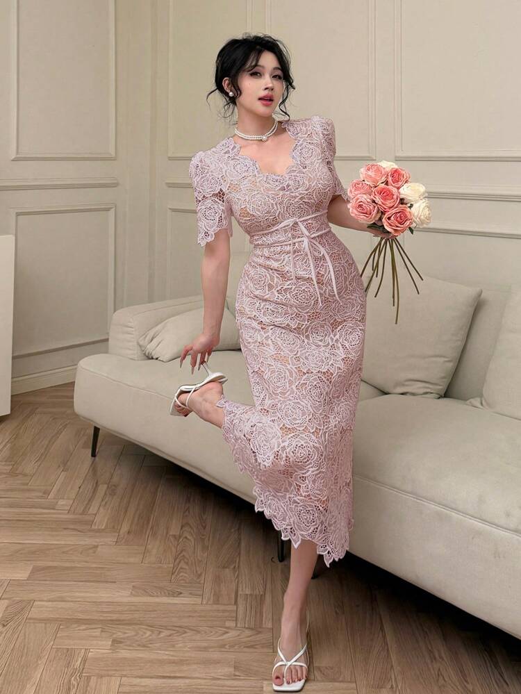Women's Solid Color V-Neck Short Sleeve Long Lace Dress, Formal Women Dresses Luxury Prom Dress