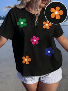 SHEIN EZwear 加大码加大码3D花卉贴花刺绣蝙蝠袖T恤，适合海滩度假