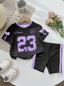 SHEIN 女婴休闲简约圆领短袖T恤和打底裤套装，适合春夏季 - 彩色 - 查看 2