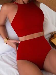 Swim Basics Women's 2 Pieces High Waisted Black Bottoms Casual Bikini Set For Summer Beach Vacation - Red - View 4