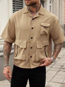 Manfinity Homme Men's Casual Solid Color Zip-Up Pocket Shirt - Yellow - View 3