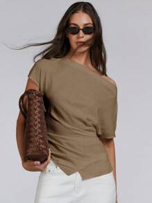 Athîral 女式夏季纯色不对称领口褶皱时尚衬衫上衣 - 軍綠色 - 查看 2