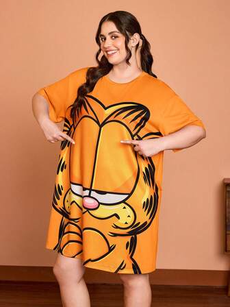 GARFIELD | SHEIN 大码休闲时尚百搭印花弹力针织宽松舒适女士夏季睡裙，哞哞睡衣