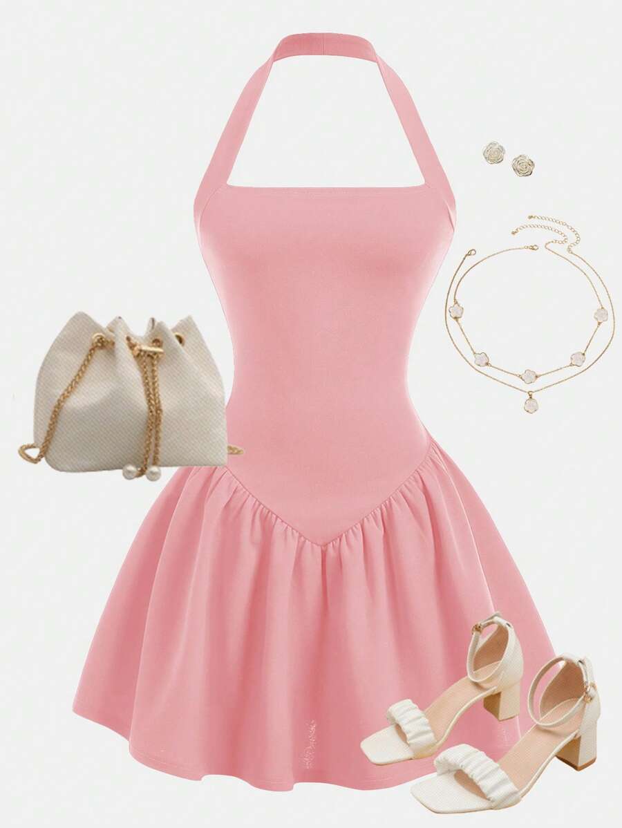 Girlism Teen Girls Pink Knitted Spaghetti Strap Snug Fit Gathered Waist A-Line Valentine Dress For Party And Casual Wear