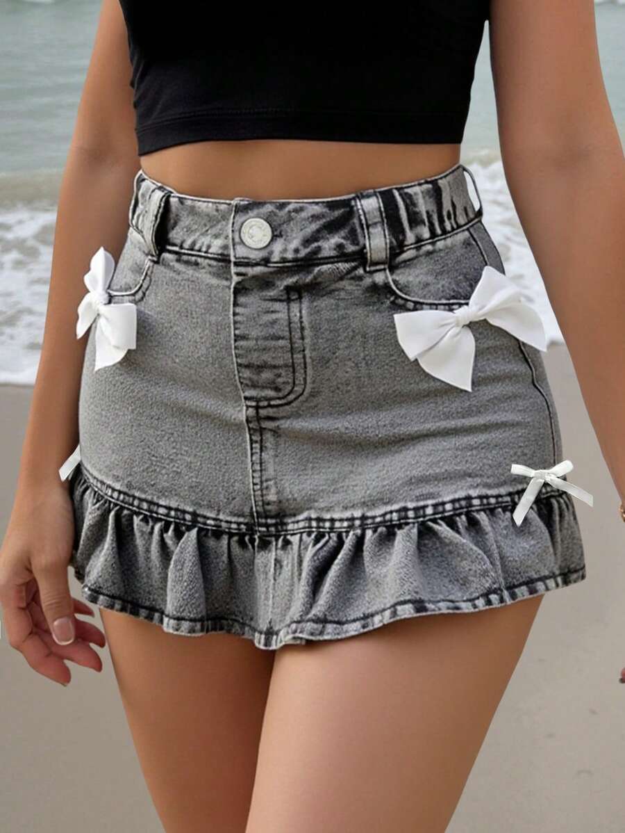 Girls' Stylish Casual Soft Washed Denim Pleated Mini Skirt With Bowknot Decor, Comfortable And Fashionable For Vacation, Summer - Black - View 1