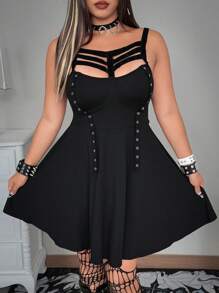 Whyspr 大码朋克风格度假蝴蝶结装饰领连衣裙 - 黑色 - 查看 1