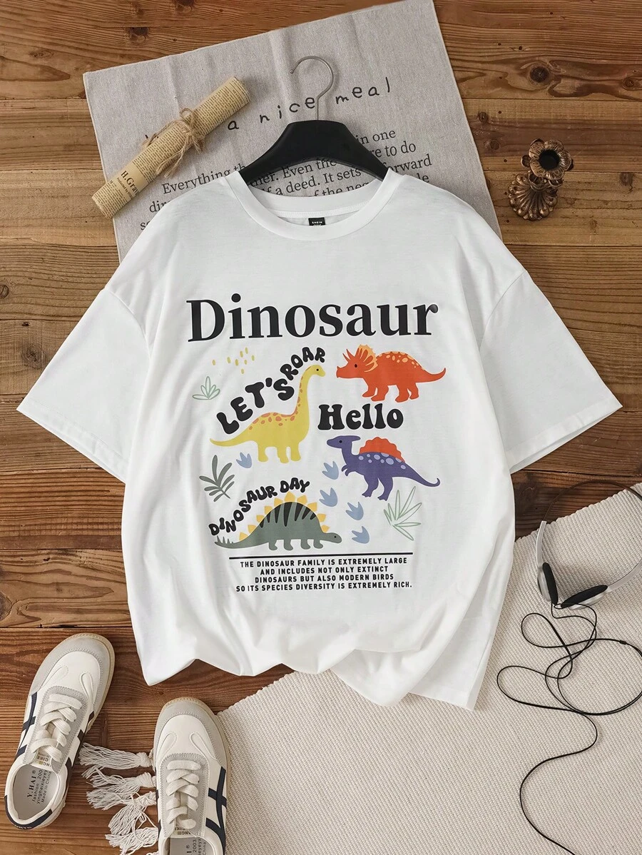 Attitoon Áo phông thường ngày cỡ lớn có họa tiết khủng long hoạt hình đơn giản, áo phông cổ tròn tay ngắn siêu rộng, phù hợp cho mùa hè Khủng long LET'S ROAR Xin chào NGÀY KHỦNG LONG - trắng - Xem 1