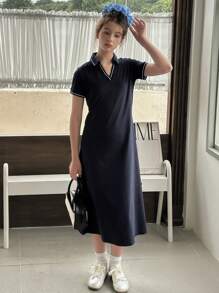 Hapijoa 少女条纹领短袖休闲连衣裙，女孩夏季服装，返校服装 - 藏蓝色 - 查看 8