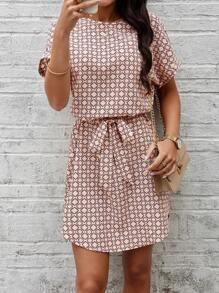 SHEIN LUNE Printed Short Sleeve Dress With Elastic Waist - Apricot - View 1