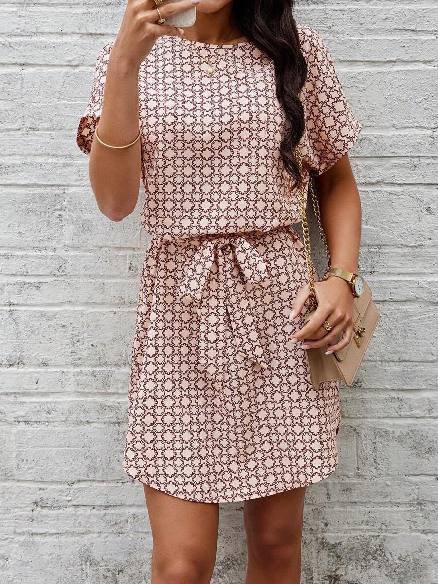 SHEIN LUNE Printed Short Sleeve Dress With Elastic Waist - Apricot - View 1