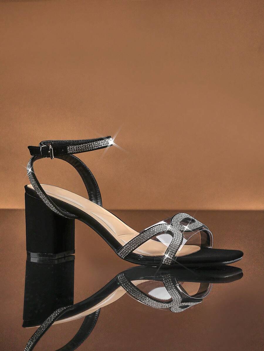 SHUZIA Women's Block Heel Square Toe Rhinestone Ankle Strap Fashionable Sandals