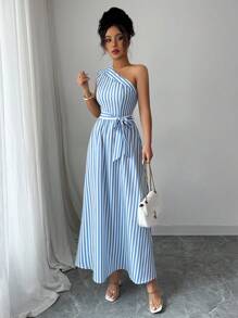 Elenzga Women 2025 Summer Asymmetric Shoulder Ruched Striped A-Line Dress - Blue and White - View 6
