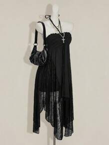 SHEIN ICON Vestido mini asimétrico sobredimensionado con volantes, encaje y parches - Negro - Ver 5