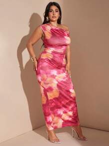 SHEIN BAE Plus Size Women Purple Tie Dye Pattern Print Elegant Long Asymmetrical Neck Bodycon Knit Dress, Suitable For Daily Wear, Commute, Outing, Date, Afternoon Tea, Vacation,Birthday Dresses For Women