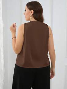 Firerie 加大码褶皱后背背心，V 领，长款，宽松版型，卡其色和香槟色，极简主义，适合通勤和时尚女士加大码服装正式女士夏季服装女士休闲连衣裙女士夏季衬衫夏季服装 - 棕色 - 查看 2