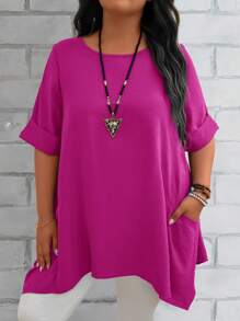 EMERY ROSE Plus Size Women's Summer Blue Round Neck Short Sleeve Double Pocket Loose Casual Mom Shirts Summer Clothes Women Summer Shirts Women Plus Clothing Formal