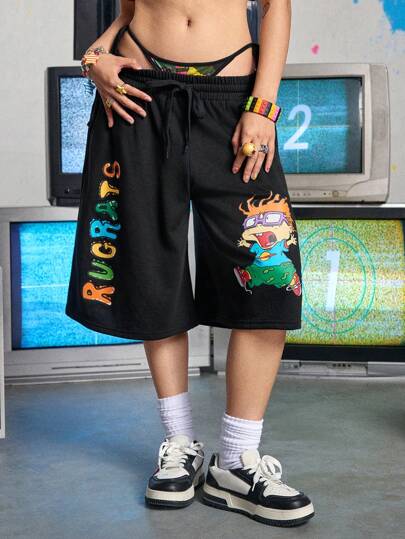 Nick 90's X ROMWE Pantalones cortos deportivos de mujer de tiro bajo y sueltos con estampado de dibujos animados