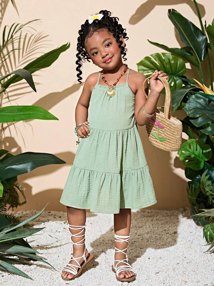 SHEIN Young Girl Simple Solid Color Woven Backless Casual Slip Dress - Green - View 4