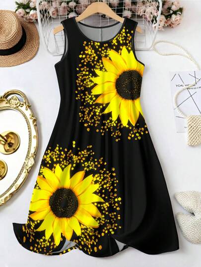SHEIN LUNE Plus Size Fashionable Sunflower Print Crew Neck Tank Dress