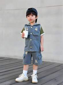 SHEIN 男童牛仔两件套服装 - 中等水洗藍 - 查看 1