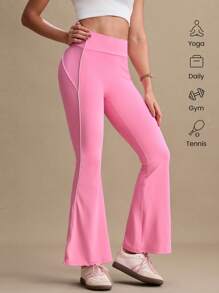 SHEIN Sovereign Charm Women's Plain Color Casual Flared Leg Pants, Minimalist Fashion Suitable - Pink - View 3