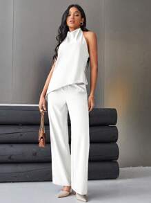 Aveloria Modichic Women's Solid Color Backless Halter Top And Wide Leg Pants Two Pieces Set Elegant Business Casual Women  - White - View 3