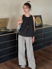 DAZY Teen Girl Solid Color Crew Neck Sleeveless Top And Striped Wide Leg Pants 2 Pieces Set,Girls Summer Outfits,Back To School Clothes