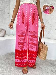 SHEIN Maternity Adjustable Waist Fish Print Loose Wide Leg Casual Pants Boho Pants Women Summer Outfits Beach Pants For Woman Summer Women Outfits Women Summer Pants - Apricot - View 2