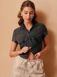 SHEIN Unity US Vintage Street Style Casual Washed Faded Spliced Double Zipper Front Short Sleeve Slim Fit T-Shirt For Women, Spring/Summer - Dark Grey - View 7