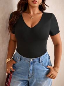 Elaquor V 领纯色 T 恤全黑短款夏季上衣 - 黑色 - 查看 6