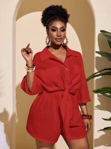 Slaydiva 2025 百搭日常休闲百搭直筒宽松落肩口袋抽绳衬衫和短裤两件套女士大码衬衫裙红色衬衫裙女士衬衫裙红色休闲裙红色度假装 / 秋季女装 / 大码夏装 / 七月四日 / 七月四日女装 / Y2K / 街头服饰女士 / 乡村 / 海滩 / 俱乐部 / 教师 / 亚麻 / 街头服饰 / 欧洲夏季 / 女士夏季服装 / 女士时尚服装 /