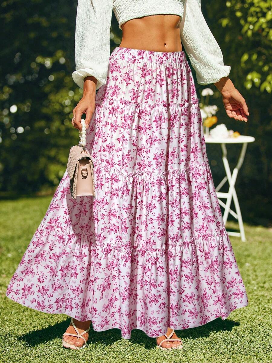 SHEIN VCAY Falda casual con volantes de múltiples capas y estampado floral diminuto, perfecta para las vacaciones