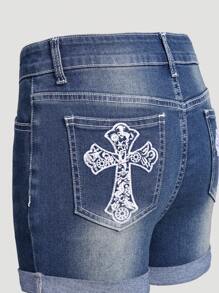 Teen Girl Summer New Arrival Embroidered & Rhinestone Decor Vintage Wash Elastic Denim Shorts - Dark Wash - View 4