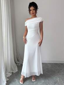 NOVVYNE 女式网眼不对称褶饰下摆优雅法式连衣裙 - 白色 - 查看 4