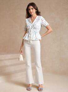 Amorya V-Neck Three-Dimensional Embroidered Printed Waist Cinching Strap With Bowknot Women's Blouse - Multicolor - View 5