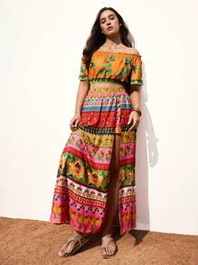Maija Set da due pezzi da donna taglie forti, composto da blusa spalle scoperte a maniche corte con stampa palme e gonna lunga a vita alta con spacco laterale